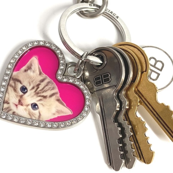 BALENCIAGA Heart Cat Key Ring Charm, Logo, Key, Rhinestone Bag Metal Keychain... - Picture 2 of 7